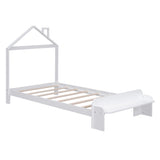 English Elm Twin Size Wood Platform Bed With House-Shaped Headboard and Footboard Bench,White