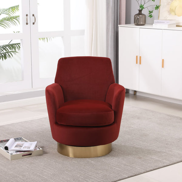 English Elm Velvet 360° Swivel Barrel Chair with Gold Base, Plush Upholstery, Pocket Spring Comfort, 300lb Capacity Red W1361116856
