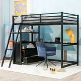 Hearth and Haven Elgin Twin Loft Bed with Desk, Shelves and Two Built in Drawers, Black GX000624AAB