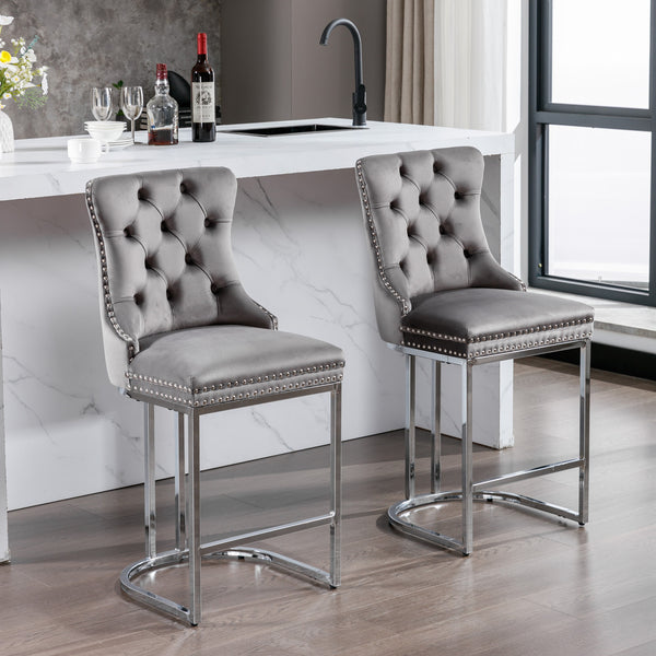 English Elm 26" High-Back Bar Stools Set of 2 with Deep Button Tufting, Plush Sponge & Spring Seats, Chrome Base Gray W1143112577