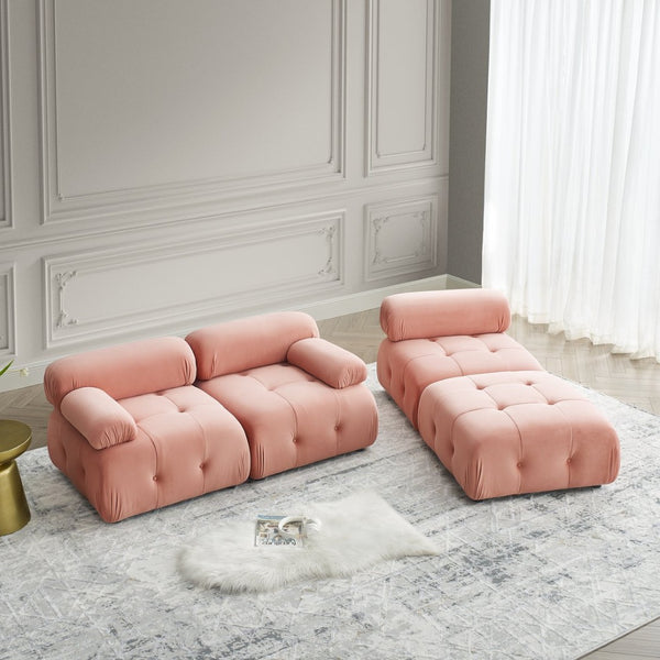English Elm Modular Velvet Sectional Sofa with Button Tufted Seats and Reversible Ottoman Included Pink W1413S00018