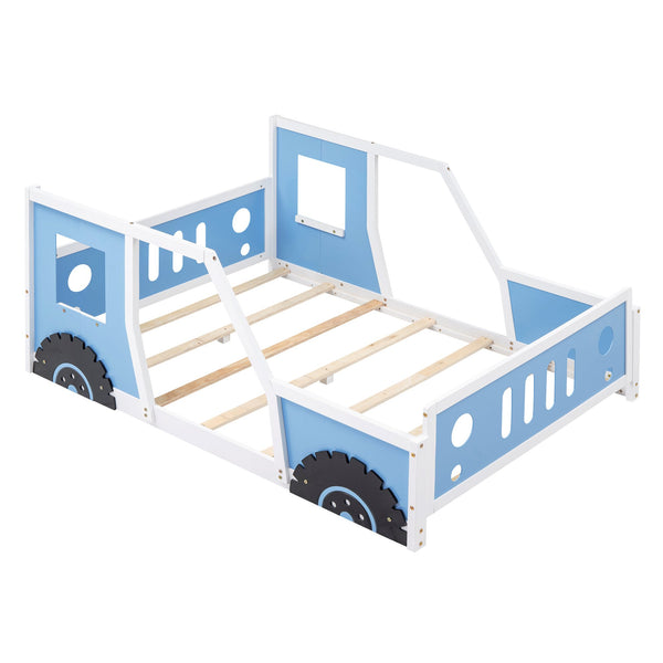English Elm Full Full Size Classic Car-Shaped Platform Bed with Wheels – Sturdy Pine & MDF, Fun Headboard Design Blue WF306743AAC