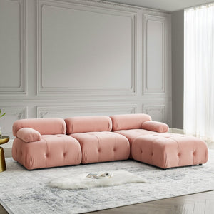 English Elm Modular Velvet Sectional Sofa with Button Tufted Seats and Reversible Ottoman Included Pink W1413S00018