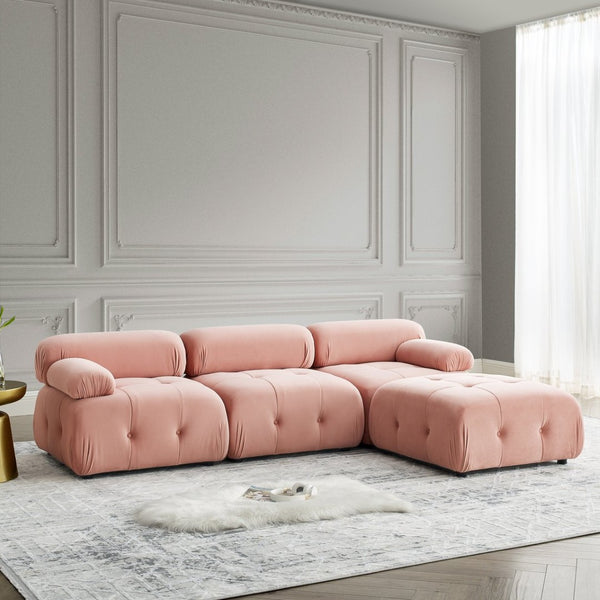 English Elm Modular Velvet Sectional Sofa with Button Tufted Seats and Reversible Ottoman Included Pink W1413S00018