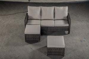 English Elm PE WICKER Sectional Sofa 3-Seater with 2 Stools Aqua Blue Cushions, Weatherproof PE Rattan Set W349142179