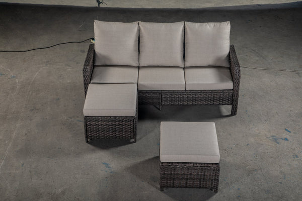 English Elm PE WICKER Sectional Sofa 3-Seater with 2 Stools Aqua Blue Cushions, Weatherproof PE Rattan Set W349142179