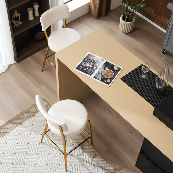 English Elm Set Of 4 Stylish Beige Teddy Fabric Bar Stools - Modern Metal Base For Kitchen & Dining Comfort W1901P178306-GIGA