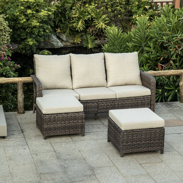 English Elm PE WICKER Sectional Sofa 3-Seater with 2 Stools Aqua Blue Cushions, Weatherproof PE Rattan Set W349142179