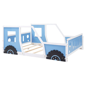 English Elm Full Full Size Classic Car-Shaped Platform Bed with Wheels – Sturdy Pine & MDF, Fun Headboard Design Blue WF306743AAC