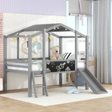 Hearth and Haven Twin Loft Bed with Ladder, Slide, Black Board and Light Strip, Grey WF307450AAE