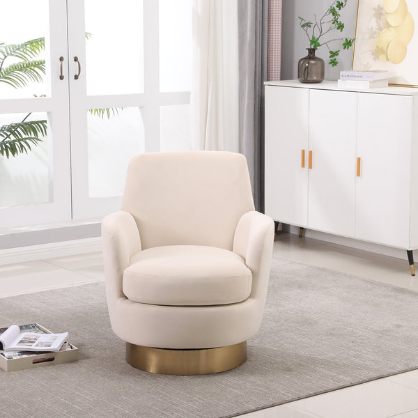 English Elm Velvet 360° Swivel Barrel Chair with Gold Base, Plush Upholstery, Pocket Spring Comfort, 300lb Capacity Beige W1361116868