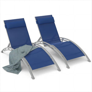 English Elm Outdoor Chaise Lounge Set of 2 Reclining Pool Chairs with Adjustable Headrest, Rustproof Aluminum Frame and Breathable Textilene Fabric for Patio Sunbathing Blue W1859109830