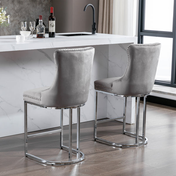 English Elm 26" High-Back Bar Stools Set of 2 with Deep Button Tufting, Plush Sponge & Spring Seats, Chrome Base Gray W1143112577
