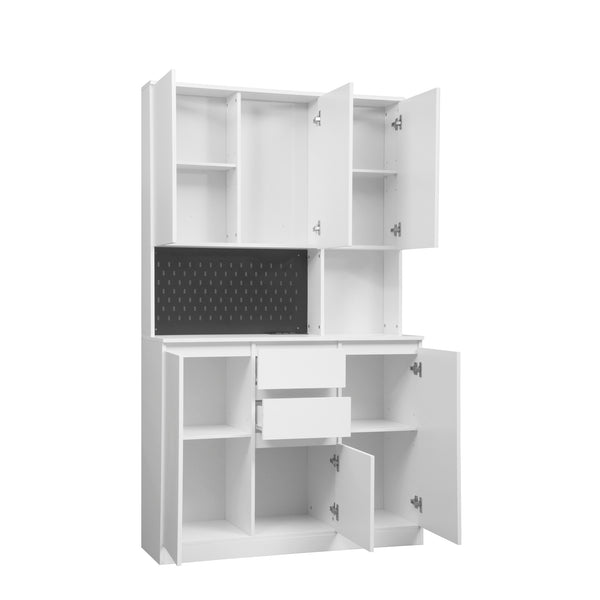 English Elm 74" Modern Kitchen Pantry Cabinet with Charging Station & Microwave Stand, Freestanding Buffet Storage with Hutch, Drawer, White Finish W1321S00002