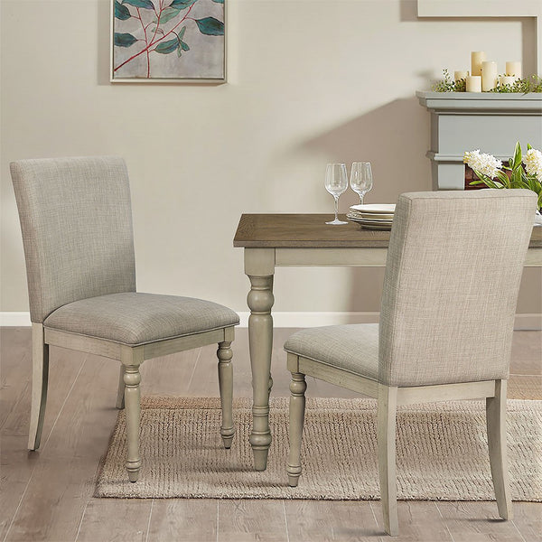 English Elm Upholstered Martha Stewart Winfield dining chair set of 2 — farmhouse reclaimed wood legs, plush foam seats LIGHT GREY 20.67 L x 39.76 W x 14.96 H B03548996