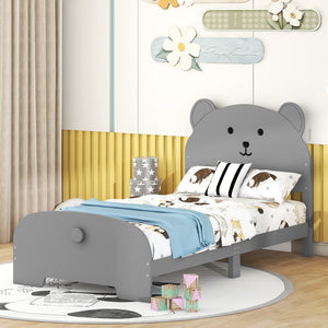 English Elm Twin Size Wood Platform Bed With Bear-Shaped Headboard and Footboard,Gray