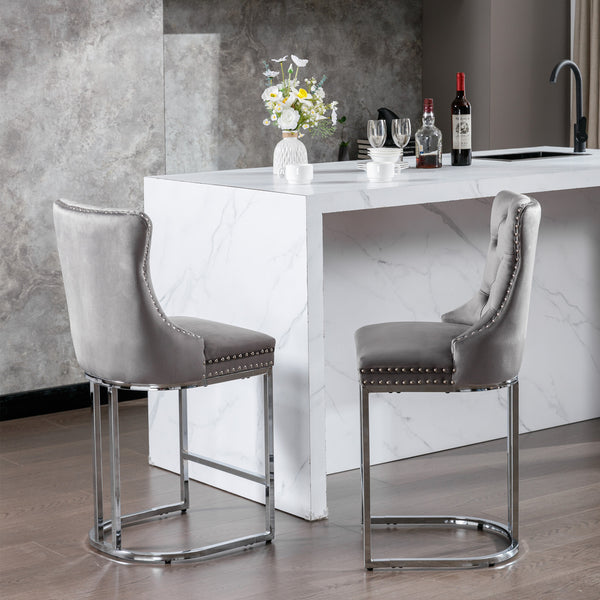 English Elm 26" High-Back Bar Stools Set of 2 with Deep Button Tufting, Plush Sponge & Spring Seats, Chrome Base Gray W1143112577