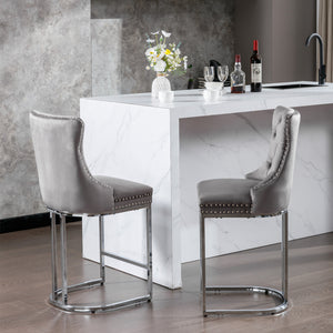 English Elm 26" High Back Velvet Bar Stools Set of 2 with Deep Tufting, Plush Sponge & Spring Seats, Chrome Base Gray W1143112577