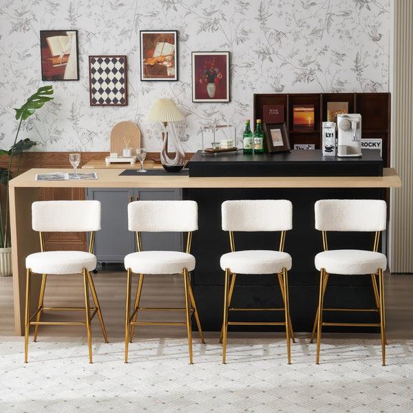 English Elm Set Of 4 Stylish Beige Teddy Fabric Bar Stools - Modern Metal Base For Kitchen & Dining Comfort W1901P178306-GIGA