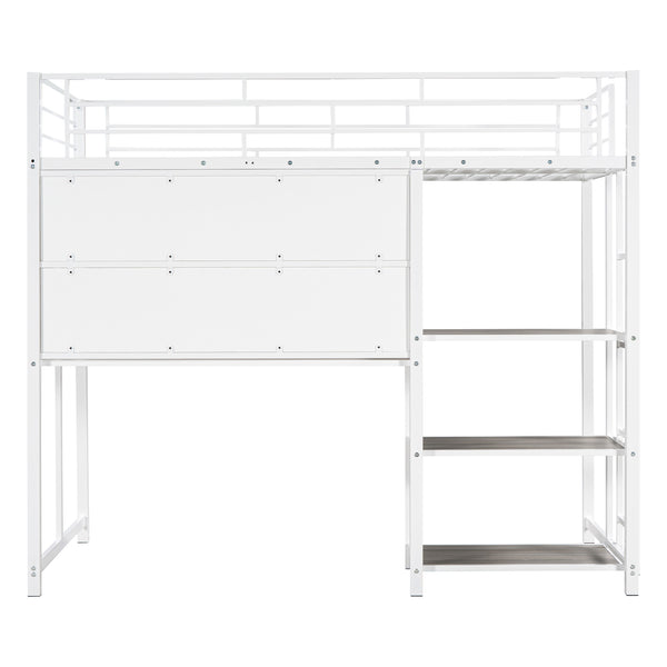 English Elm Twin Loft Bed with Integrated Desk, Shelves and Whiteboard – Sturdy Metal Frame, Space-Saving Design White SF000018AAK