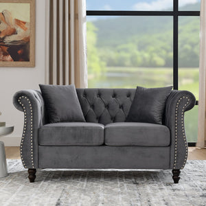English Elm 58.8" Chesterfield Sofa Velvet 2-Seater Tufted Couch with Rolled Arms, Nailhead Trim, Solid Wood Feet Grey W834S00508
