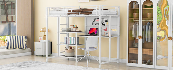 English Elm Twin Loft Bed with Integrated Desk, Shelves and Whiteboard – Sturdy Metal Frame, Space-Saving Design White SF000018AAK