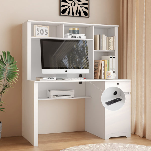 English Elm Computer Desk Modern Home Office with Hutch & Bookshelf, Spacious MDF Surface, Drawers, 3 AC/2 USB Ports, White, Compact Storage Solution W1321S00001