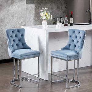 English Elm 26" High-Back Bar Stools Set of 2 with Deep Button Tufting, Plush Sponge & Spring Seats, Chrome Base Light Blue W1143112573