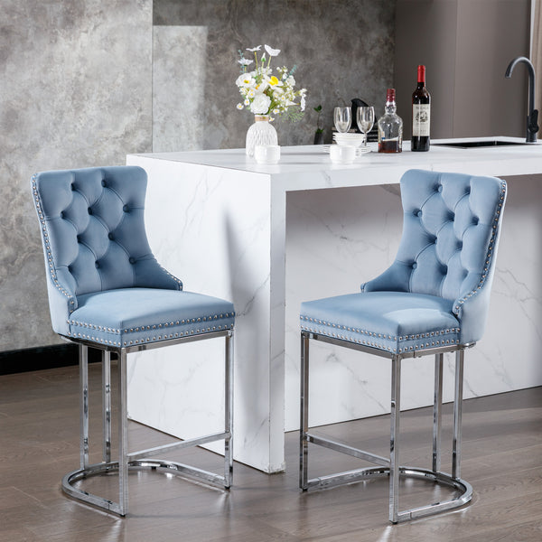 English Elm 26" High Back Velvet Bar Stools Set of 2 with Deep Tufting, Plush Sponge & Spring Seats, Chrome Base Light Blue W1143112573