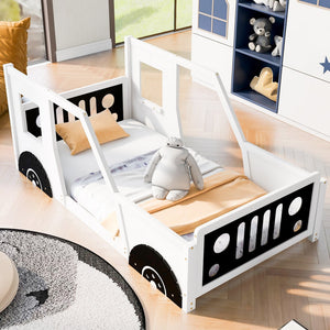 English Elm Twin Classic Car-Shaped Platform Bed with Wheels for Kids – Sturdy Pine/MDF, Fun Doors & Windows, 75"x38.6" White WF296353AAK