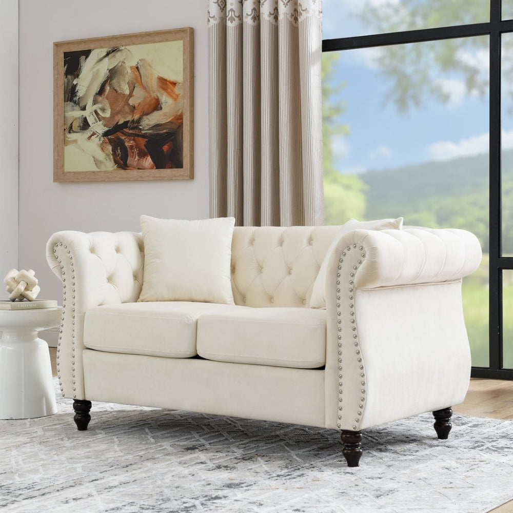 English Elm 58.8" Velvet Chesterfield Sofa Tufted Button Back Nailhead Trim Two Seat Beige W834S00575
