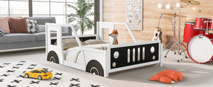 English Elm Full Full Size Classic Car-Shaped Platform Bed with Wheels – Sturdy Pine & MDF, Fun Headboard Design White WF306743AAK