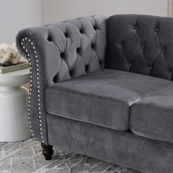 English Elm 58.8" Chesterfield Sofa Velvet 2-Seater Tufted Couch with Rolled Arms, Nailhead Trim, Plush Comfort Grey W834S00116