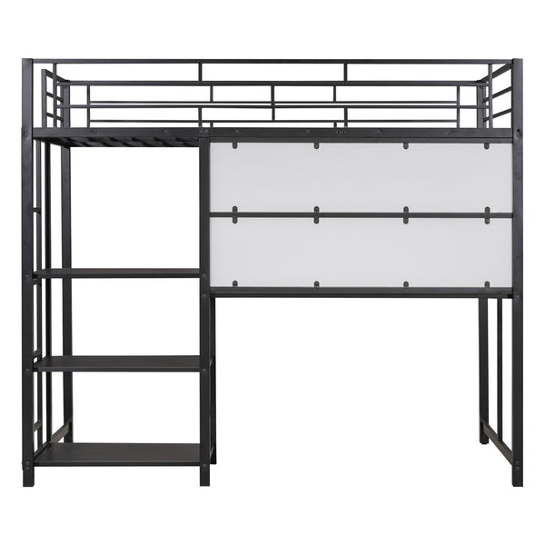 English Elm Twin Loft Bed with Integrated Desk, Shelves and Whiteboard – Sturdy Metal Frame, Space-Saving Design Black SF000018AAB