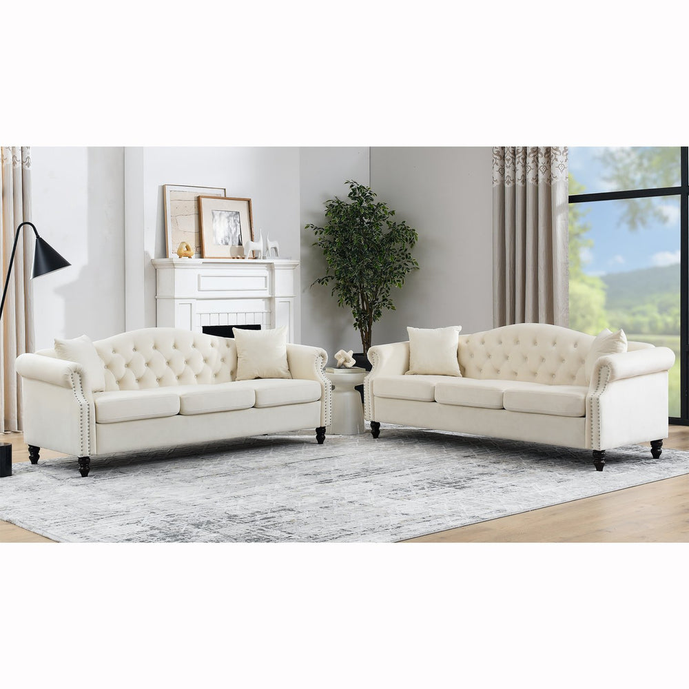 English Elm 3-Seater 3-Seater Elegant Beige Velvet Combination Sofa For Stylish Living Rooms With Plush Comfort & Durability W834S00215