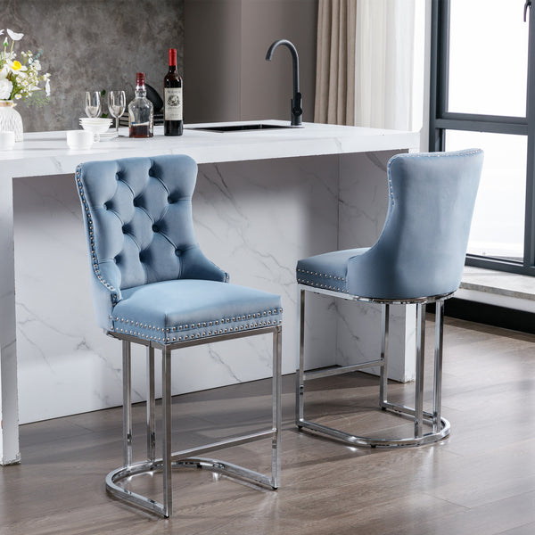 English Elm 26" High Back Velvet Bar Stools Set of 2 with Deep Tufting, Plush Sponge & Spring Seats, Chrome Base Light Blue W1143112573