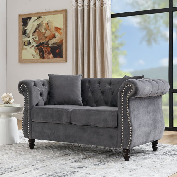 English Elm 58.8" Chesterfield Sofa Velvet 2-Seater Tufted Couch with Rolled Arms, Nailhead Trim, Solid Wood Feet Grey W834S00508