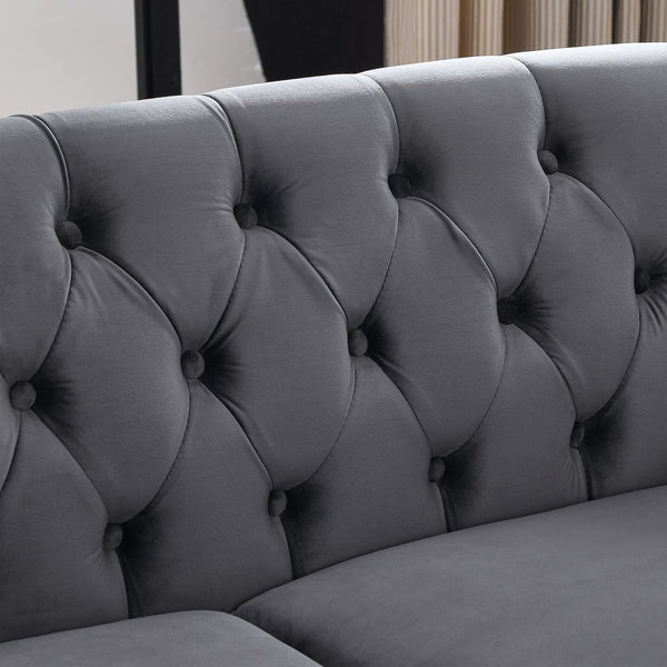 English Elm 58.8" Chesterfield Sofa Velvet 2-Seater Tufted Couch with Rolled Arms, Nailhead Trim, Solid Wood Feet Grey W834S00508