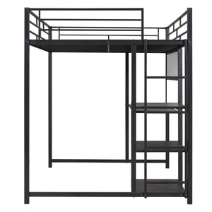 English Elm Full Full size metal loft bed with integrated desk, whiteboard and shelving for study space Black SF000019AAB