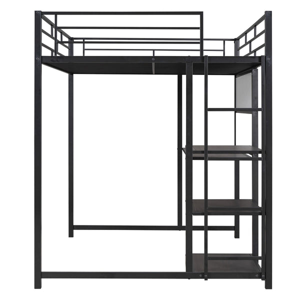 English Elm Full Full size metal loft bed with integrated desk, whiteboard and shelving for study space Black SF000019AAB