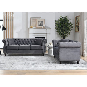 English Elm 3-Seater Grey Velvet Sofa Set - Luxurious 3+2 Combination With 4 Matching Pillows For Modern Comfort W834S00402