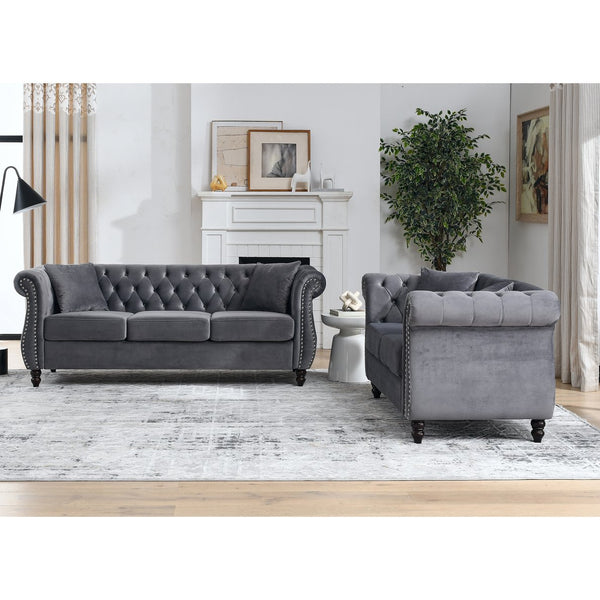 English Elm 3-Seater Elegant Grey Velvet Sofa Set With 2-Seater & Pillows – Comfort Meets Modern Style! W834S00518