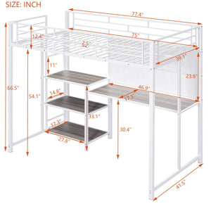 English Elm Twin Loft Bed with Integrated Desk, Shelves and Whiteboard – Sturdy Metal Frame, Space-Saving Design White SF000018AAK