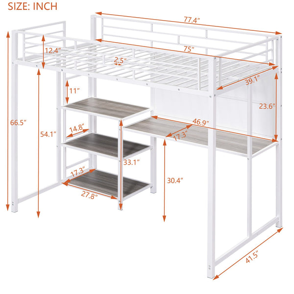 English Elm Twin Loft Bed with Integrated Desk, Shelves and Whiteboard – Sturdy Metal Frame, Space-Saving Design White SF000018AAK