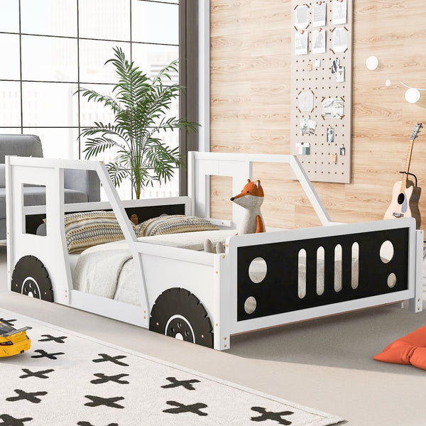 English Elm Full Full Size Classic Car-Shaped Platform Bed with Wheels – Sturdy Pine & MDF, Fun Headboard Design White WF306743AAK