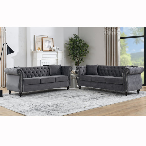 English Elm 3-Seater Grey Velvet Sofa Set - Elegant 3+3 Combination For Stylish Living Spaces & Comfort W834S00517
