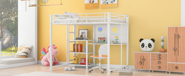English Elm Full Full size metal loft bed with integrated desk, whiteboard and shelving for study space White SF000019AAK