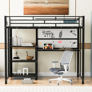 English Elm Twin Loft Bed with Integrated Desk, Shelves and Whiteboard – Sturdy Metal Frame, Space-Saving Design Black SF000018AAB