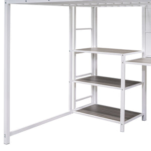 English Elm Full Full size metal loft bed with integrated desk, whiteboard and shelving for study space White SF000019AAK