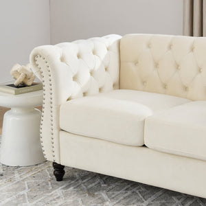 English Elm 58.8" Velvet Chesterfield Sofa Tufted Button Back Nailhead Trim Two Seat Beige W834S00575